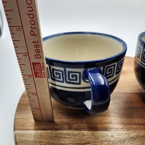 Pair Boleslawiec Polish Pottery Mugs Hand Made Cobalt Blue Greek Key Dot READ - Picture 10 of 10